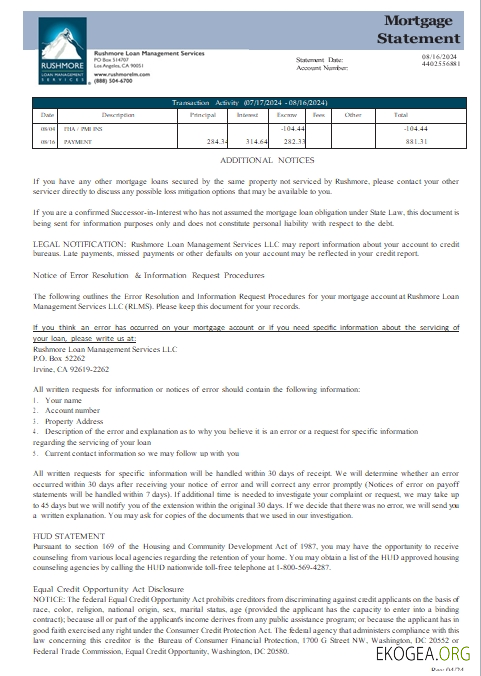 États , Unis Californie Rushmore Loan Management Services LLC relevé hypothécaire, 3 pages, 3 scr template